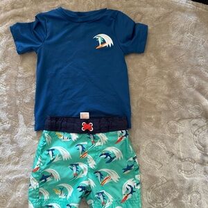 Blue Shark swim t-shirt and Green swim trunks